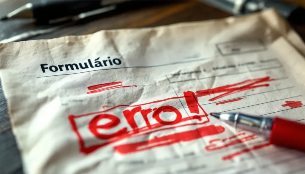 Formulário de registro com marcações em vermelho, ilustrando erros comuns no processo de registro de marca.