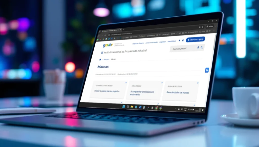 Tela de laptop mostrando o site do INPI  na aba para registro de marcas.